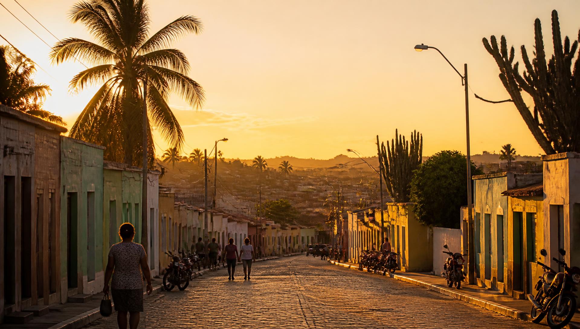 Rua de comércio na região do Sisal, Bahia, ao fim da tarde
